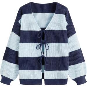 CIDER Cardigan Sweater for Women Tie Front Striped Long Sleeve V Neck Cute Y2k Fall Trendy Outfits(Navy Blue)