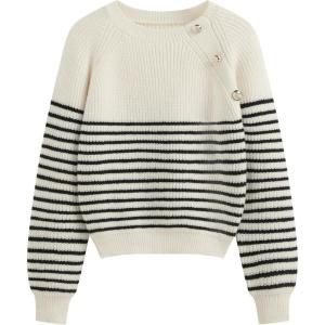 CIDER Cropped Sweaters for Women Fall Striped Crewneck Long Sleeve Sweater Fitted Pullover Sweaters Trendy Fall Outfits(White)