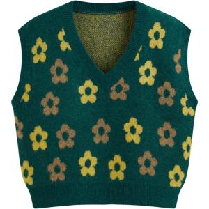 CIDER Floral Sweater Vest for Women Sleeveless Knitted V Neck Knitwear Cute 2025 Trendy Sweater(Green)