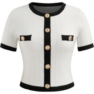 CIDER Knit Sweater Short Sleeve Top Crew Neck Elegant Fitted Office Casual T Shirt Tops(White)