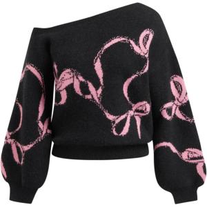CIDER Off The Shoulder Sweaters for Women Bowknot Long Sleeve One Shoulder Fall Sweaters Knit Pullover Sweater Trendy(Black)