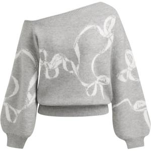 CIDER Off The Shoulder Sweaters for Women Bowknot Long Sleeve One Shoulder Fall Sweaters Knit Pullover Sweater Trendy(Grey)