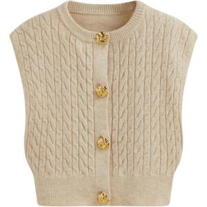 CIDER Sleeveless Knit Cardigan Sweater Women Crew Neck Casual Rose Button Cable Knit Vest(Khaki)