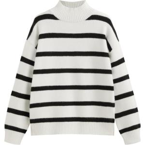 CIDER Striped Mock Neck Sweater Women Long Sleeve Pullover Knit Top(Black & White)