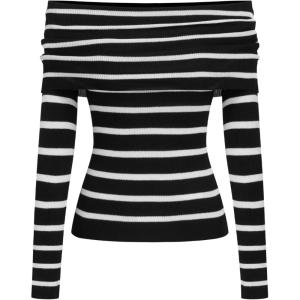 CIDER Striped Off The Shoulder Long Sleeve Knit Sweaters Going Out Fall Tops(Black & White)