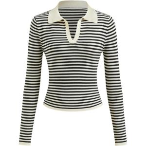 CIDER Striped Sweater for Women V Neck Long Sleeve Slim Fitted Ribbed Knit Casual Pullover Polo 2025 Fall Sweater(Black)