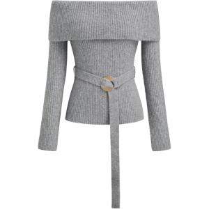 CIDER Women Off Shoulder Sweaters Long Sleeve Ribbed Knit Going Out 2025 Fall Tops with Belt(Dark Grey)