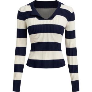 CIDER Womens 2025 Fall V Neck Long Sleeve Striped Sweater Slim Fitted Ribbed Knit Casual Pullover Polo Sweater(Dark Navy)