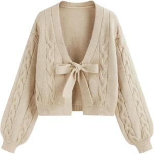 CIDER Womens Crop Tie Front Cardigan V Neck Bow Sweaters Cute Cozy Trendy Fall Outfits(Beige)
