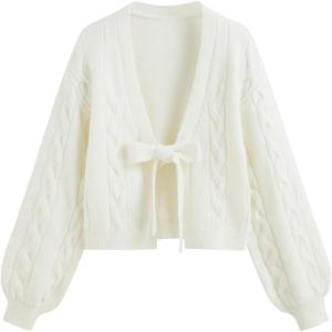CIDER Womens Crop Tie Front Cardigan V Neck Bow Sweaters Cute Cozy Trendy Fall Outfits(White)