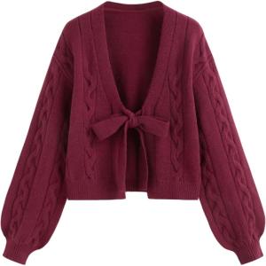 CIDER Womens Crop Tie Front Cardigan V Neck Bow Sweaters Cute Cozy Trendy Fall Outfits(Wine)