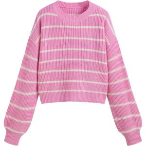 CIDER Women’s Cropped Striped Sweater Long Sleeve Crew Neck Trendy Pullover Tops(Pink)