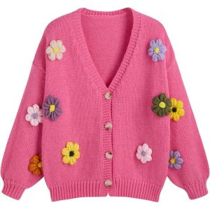 CIDER Women’s Floral Cropped Cardigan Cute Flower V Neck Button Down Trendy Sweater(Pink)