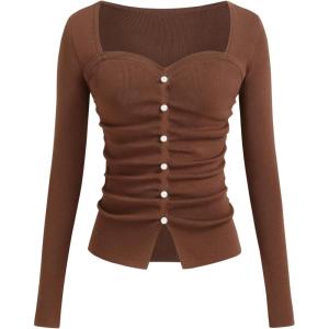 CIDER Women’s Going Out Crop Tops Faux Pearl Long Sleeve Square Neck Ruched Tops Fall Spring Trendy(Brown)