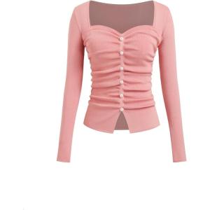CIDER Women’s Going Out Crop Tops Faux Pearl Long Sleeve Square Neck Ruched Tops Fall Spring Trendy(Pink)