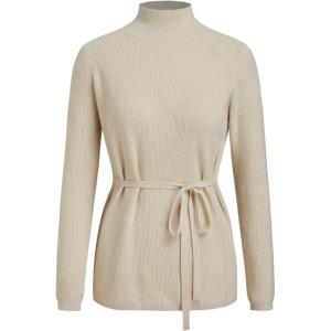 CIDER Women’s Mock Neck Sweater with Tie Waist Elegant Long Sleeve Casual Knit Top(Khaki)