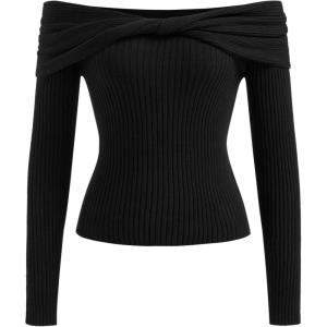 CIDER Women’s Off Shoulder Sweater Long Sleeve Y2K Twisted Ribbed Knit Pullover Top Going Out Trendy Fall Fashion(Black)