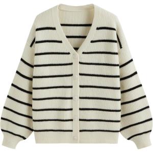 CIDER Women’s Striped Knit Cardigan Button Down V Neck Fall Fashion Casual Sweater(White)
