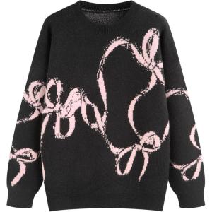CIDER Womens Sweater Bow Knot Cute Y2k Long Sleeve Crew Neck Pullover Tops(Black)