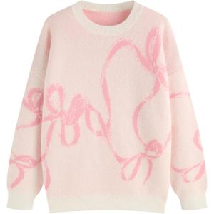 CIDER Womens Sweater Bow Knot Cute Y2k Long Sleeve Crew Neck Pullover Tops(Pink)