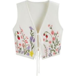 CIDER Women’s Sweater Vest Floral Sleeveless Tie Front V Neck Knit Cute Vest Tops(White)