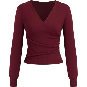 CIDER Wrap Sweaters for Women Trendy Long Sleeve V Neck Cross Front Ruched Knit Cozy Pullover Sweater Tops(Wine)