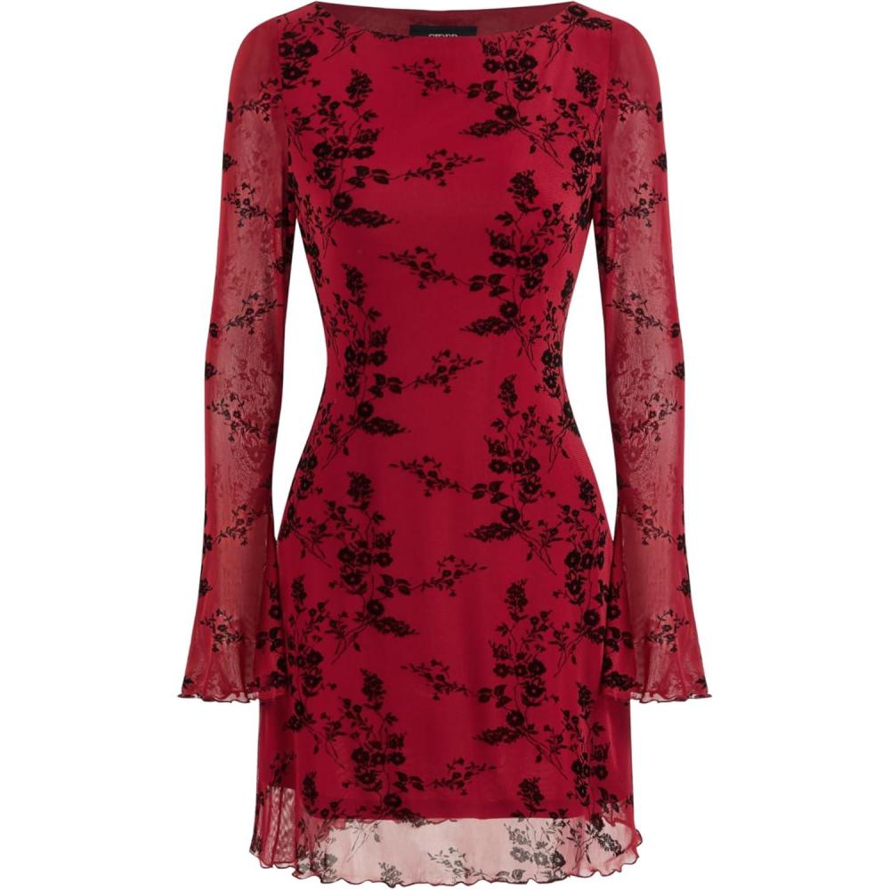 imageCIDER Womens Floral Mesh Mini Dress Long Sleeve Boat Neck Sheer Party Date Night Dresses Fall TrendyRed