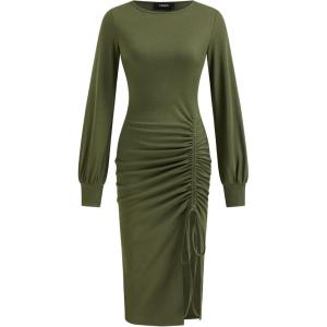 CIDER Bodycon Dress for Women Ruched Long Sleeve Boat Neck Drawstring Midi Semi Formal Dresses Fall Trendy(Green)