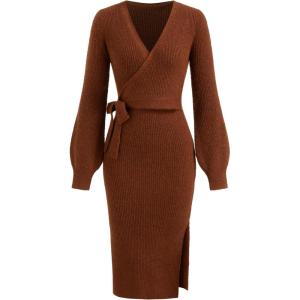 CIDER Women’s Wrap Knit Dress Long Sleeve Tie Waist Midi Sweater Dress(Brown)