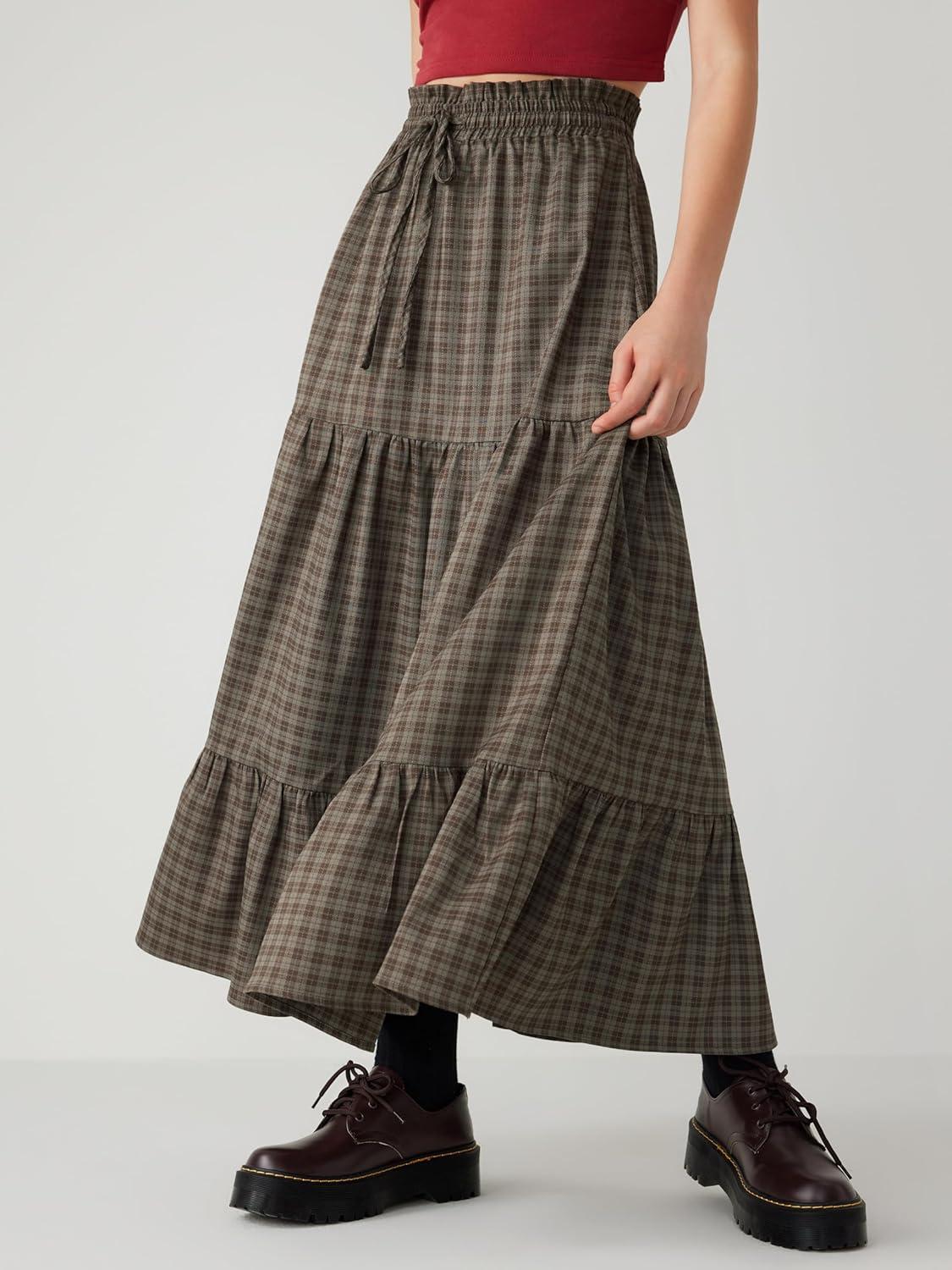 imageCIDER Elastic Waist Check Knotted Tiered Maxi SkirtBrown