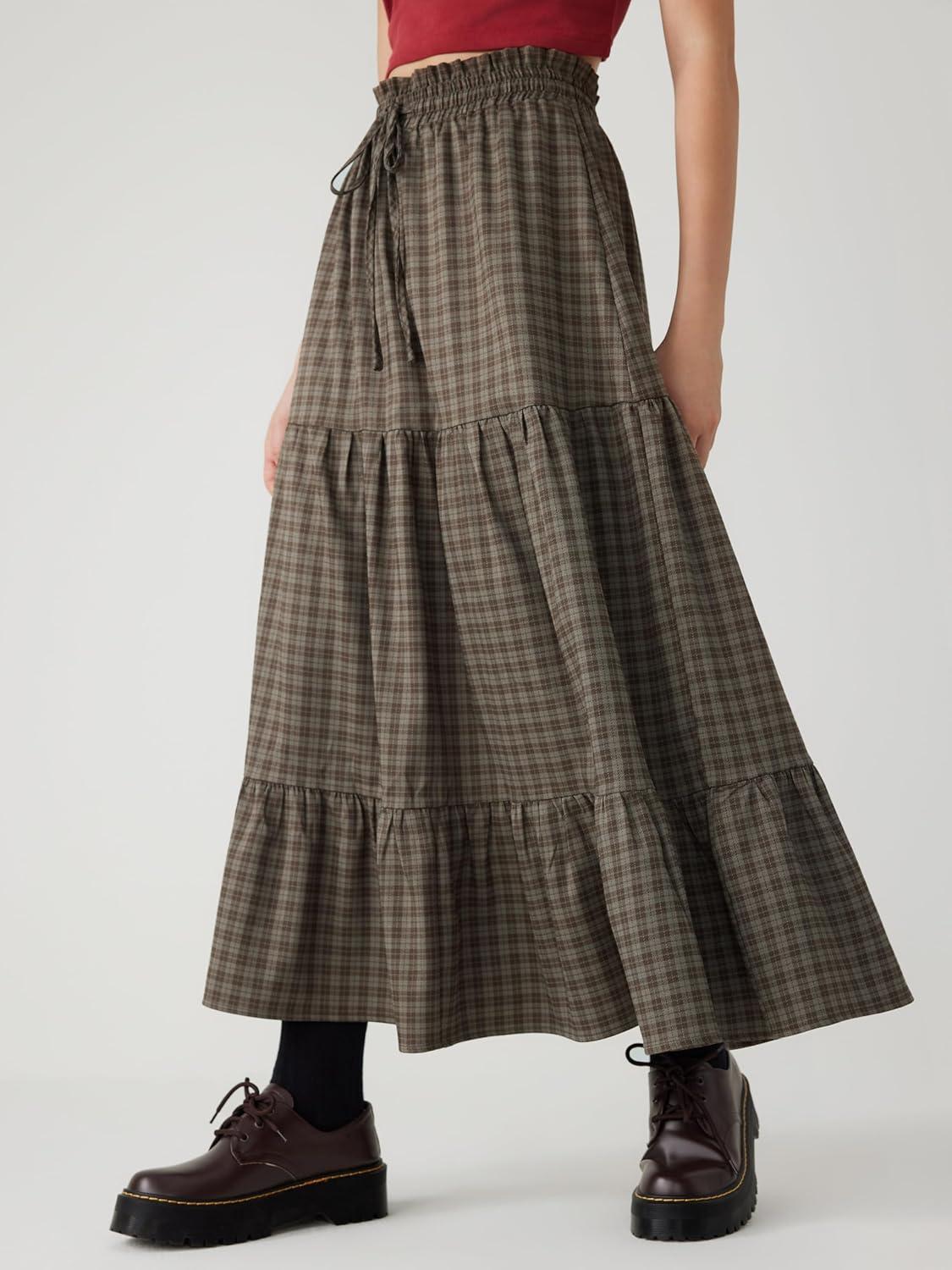 imageCIDER Elastic Waist Check Knotted Tiered Maxi SkirtBrown