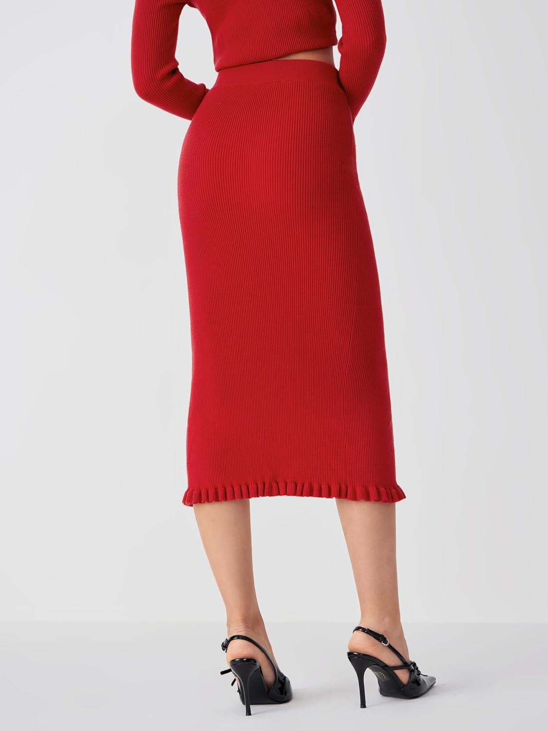 imageCIDER Mid Waist Solid Split Knit Midi SkirtRed