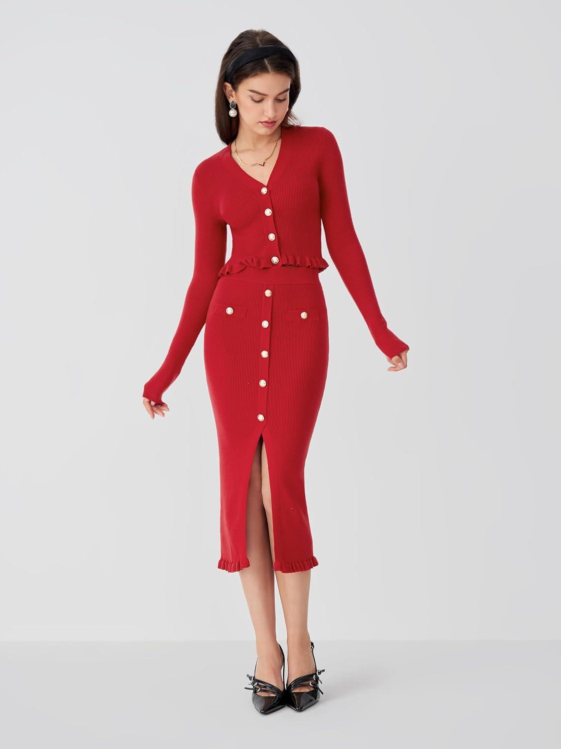 imageCIDER Mid Waist Solid Split Knit Midi SkirtRed