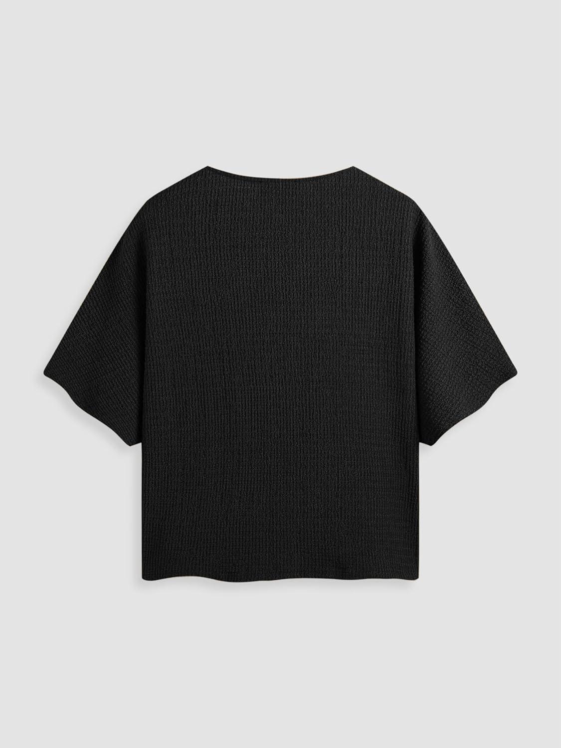 imageCIDER Round Neckline Textured Knotted Short Sleeve Tee Curve ampamp PlusBlack