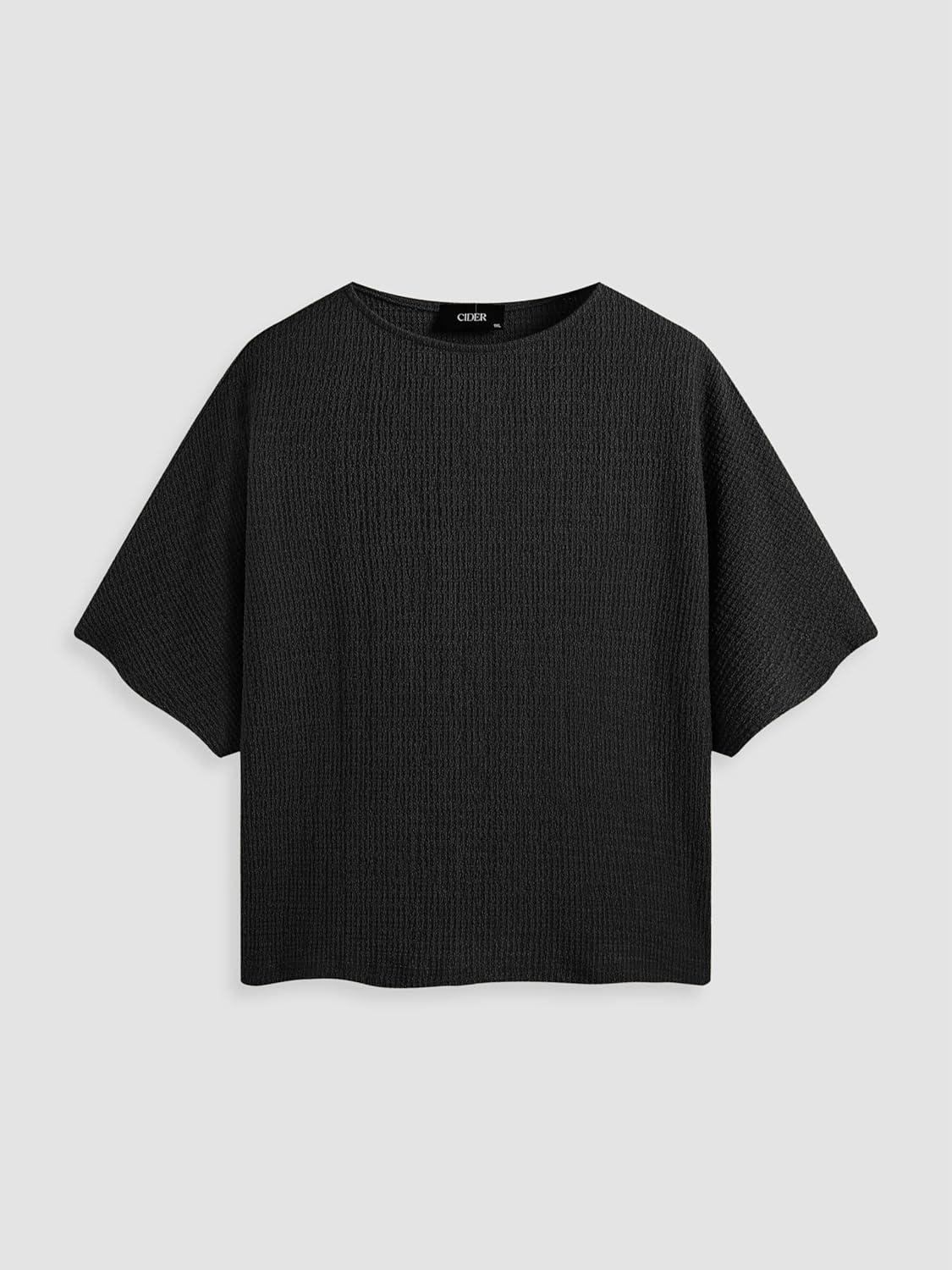 imageCIDER Round Neckline Textured Knotted Short Sleeve Tee Curve ampamp PlusBlack
