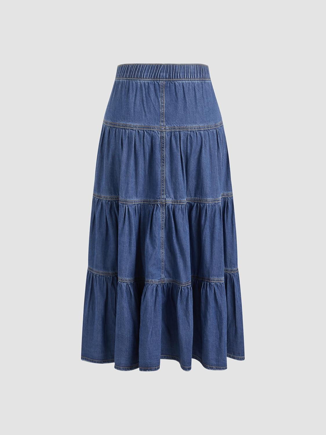 imageCIDER Womens Jean Long Skirts Tiered Denim High Elastic Waisted Western Cowgirl Midi SkirtsMid Blue