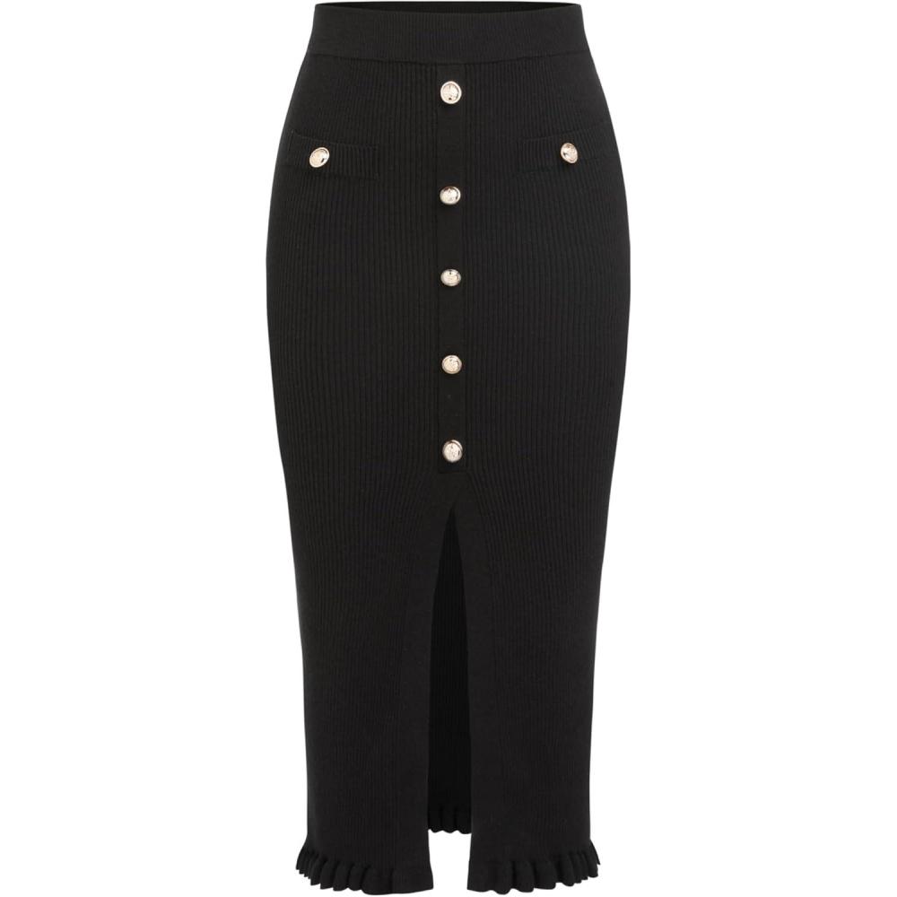 imageCIDER Mid Waist Solid Split Knit Midi SkirtBlack
