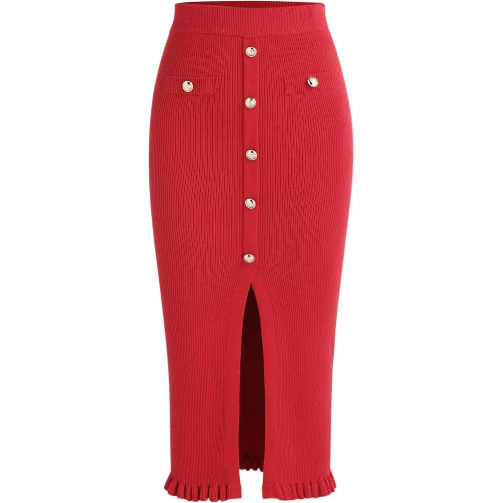imageCIDER Mid Waist Solid Split Knit Midi SkirtRed