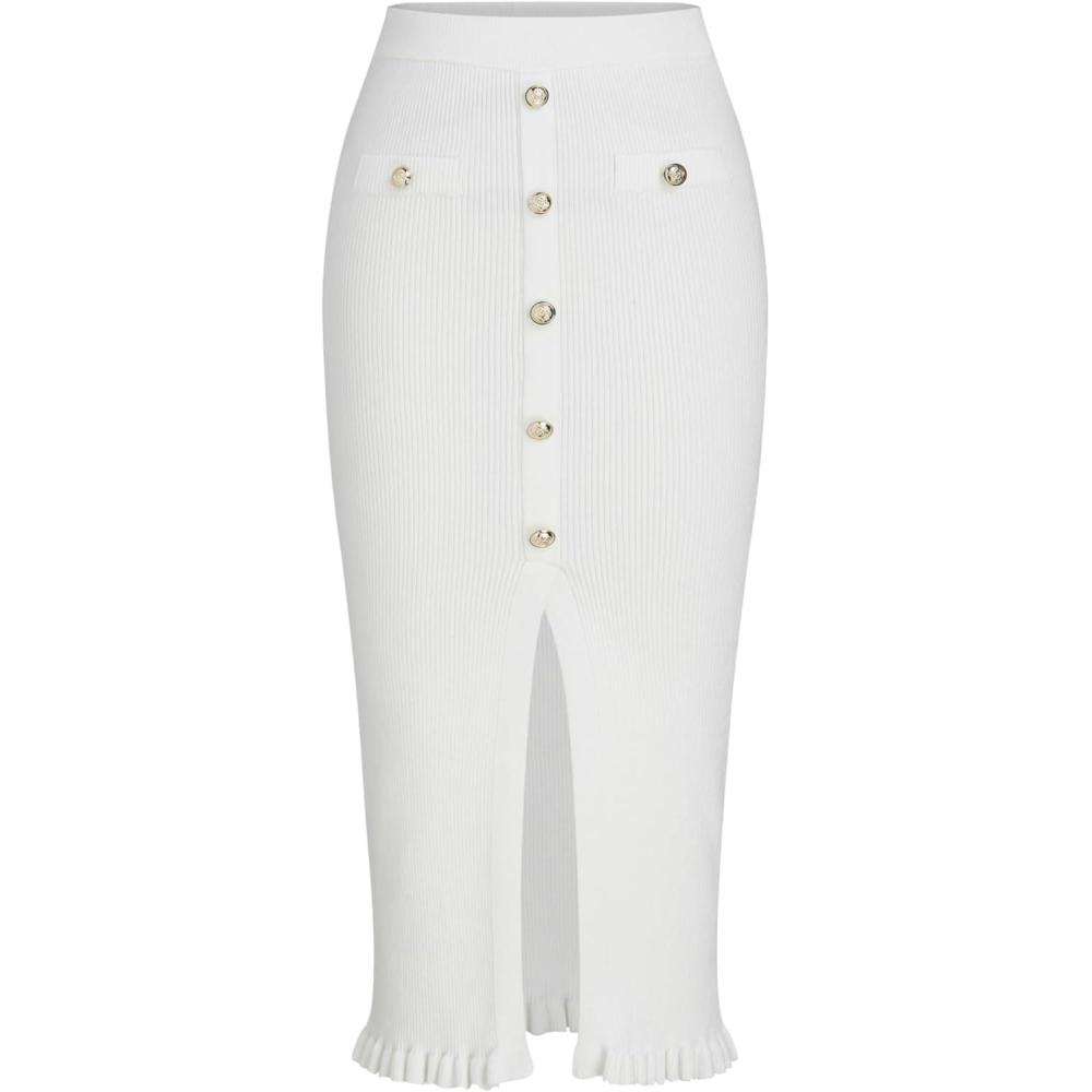 imageCIDER Mid Waist Solid Split Knit Midi SkirtWhite