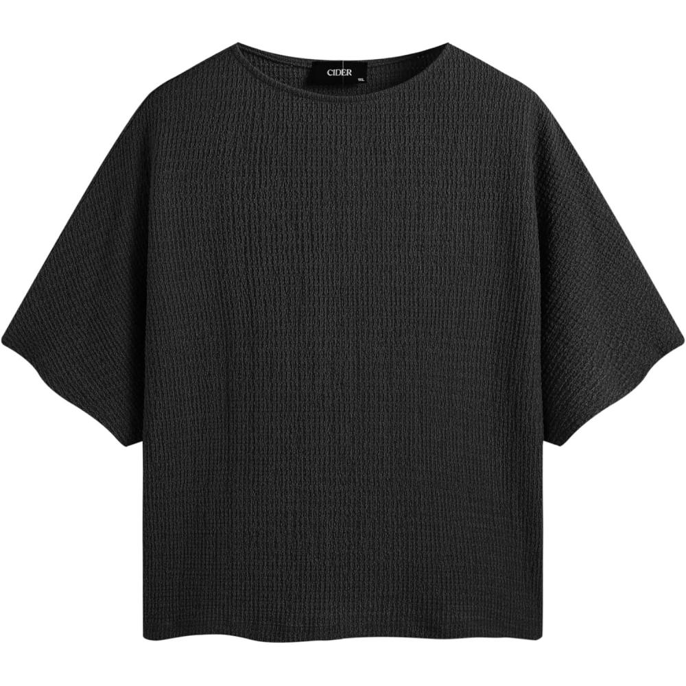 imageCIDER Round Neckline Textured Knotted Short Sleeve Tee Curve ampamp PlusBlack