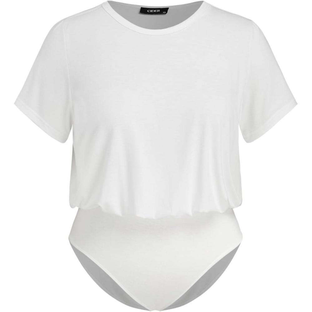 imageCIDER Womens Jersey Round Neck Solid Bodysuit Plus SizeWhite