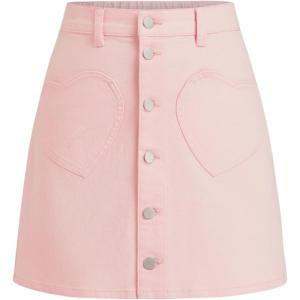 CIDER Denim Mini Skirt Heart Pockets Button Front Cute Casual Skirt(Pink)