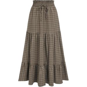 CIDER Elastic Waist Check Knotted Tiered Maxi Skirt(Brown)