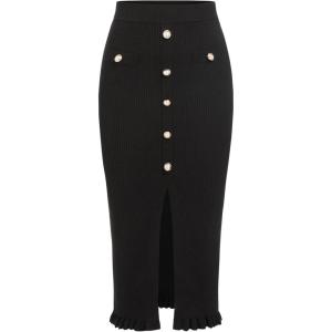 CIDER Mid Waist Solid Split Knit Midi Skirt(Black)