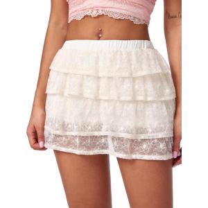 CIDER Women Lace Mini Skorts Skirts Summer Pleated Ruffle Tiered Short Skirts(Beige)