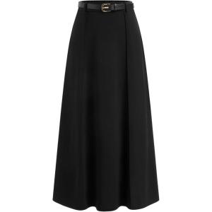 CIDER Women Maxi Skirt Long High Waist A-Line Skirt with Belt(Black)
