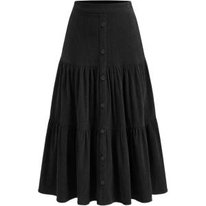CIDER Women’s Corduroy Tiered Skirt Button Front A Line Midi Skirt(Black)