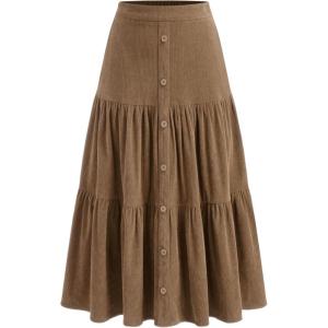 CIDER Women’s Corduroy Tiered Skirt Button Front A Line Midi Skirt(Brown)