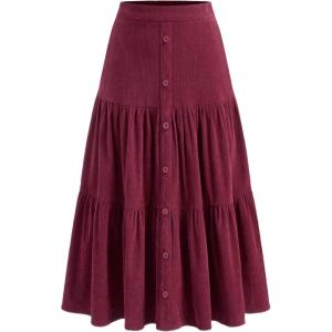 CIDER Women’s Corduroy Tiered Skirt Button Front A Line Midi Skirt(Red)