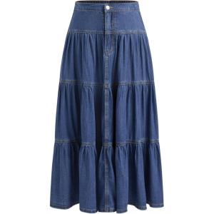 CIDER Womens Jean Long Skirts Tiered Denim High Elastic Waisted Western Cowgirl Midi Skirts(Mid Blue)